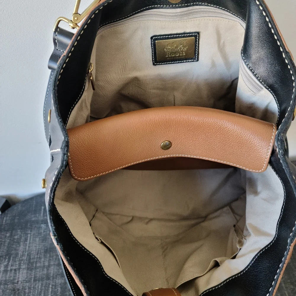 Roots Black & Tan Leather Satchel Crossbody Bag - Picture 6 of 9